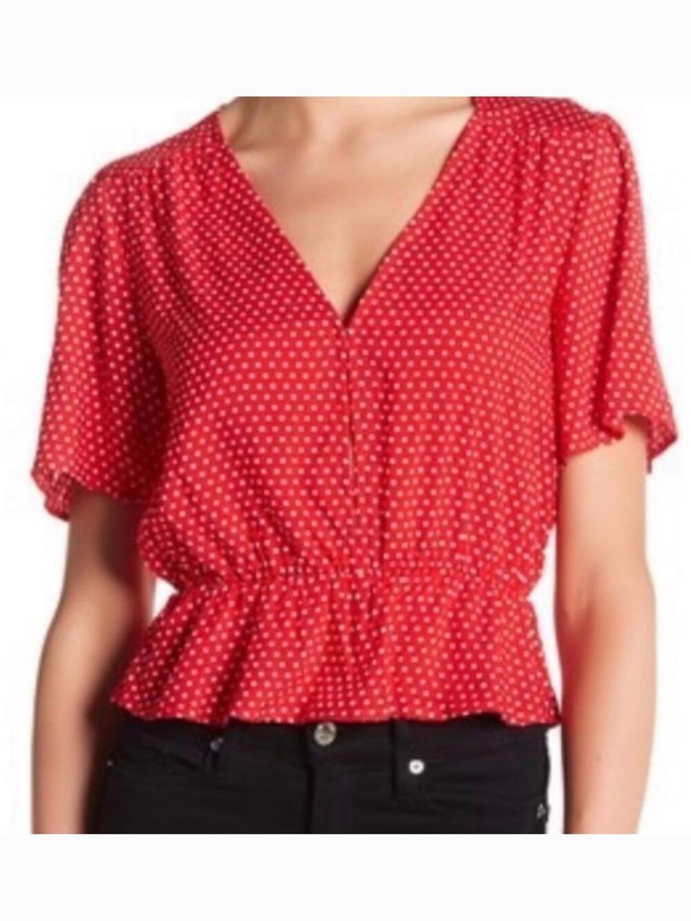 Elodie Red Polka Dot Peplum V-Neck Top Size XL Tomato Girl European Summer